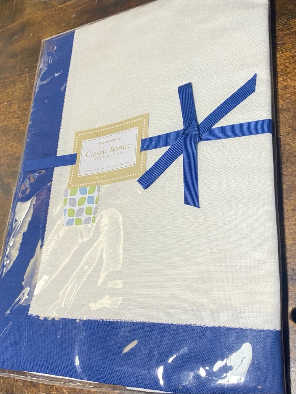 Williams Sonoma Classic Border Table Runner 16 x 90 In. Linen Cotton White Navy